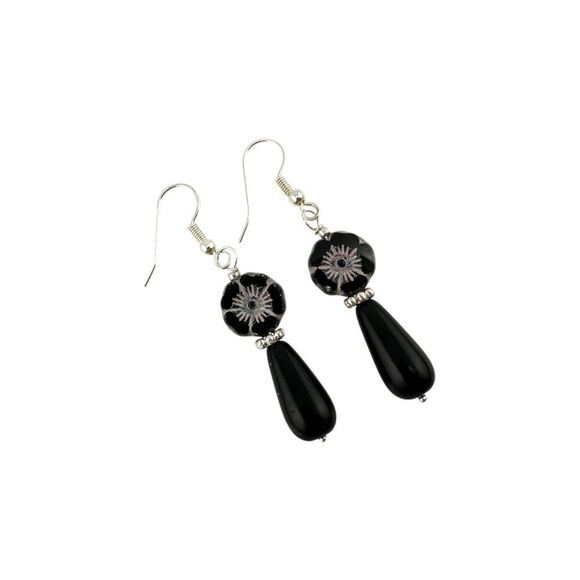 Black Hibiscus Flower and Teardrop Earrings - Picture 6 of 7